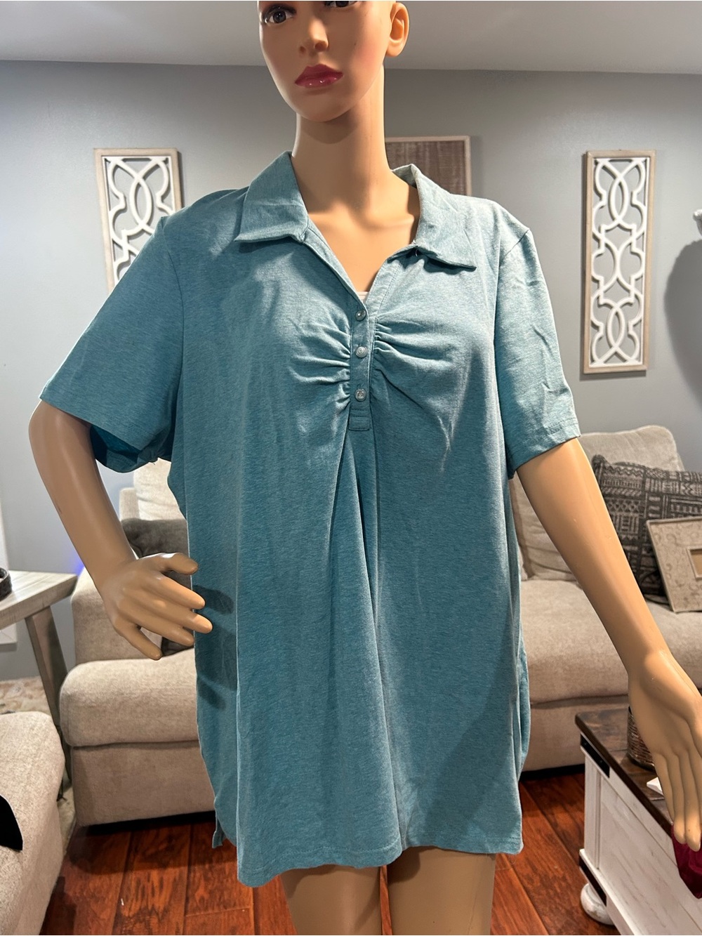 Avenue Teal Short-Sleeve Ruched Polo Tunic